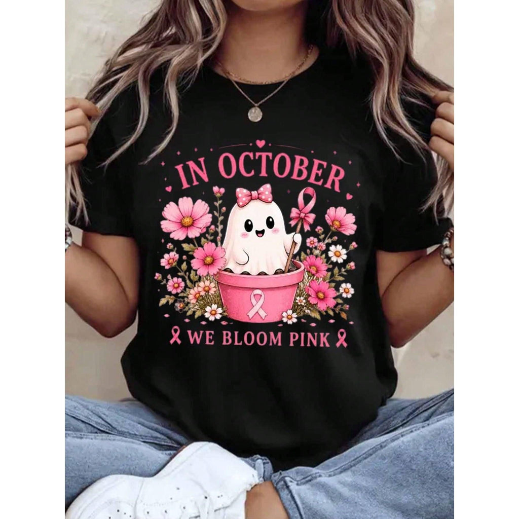 In October We Bloom Pink Breast Cancer Awareness Shirt Cute product image 1
