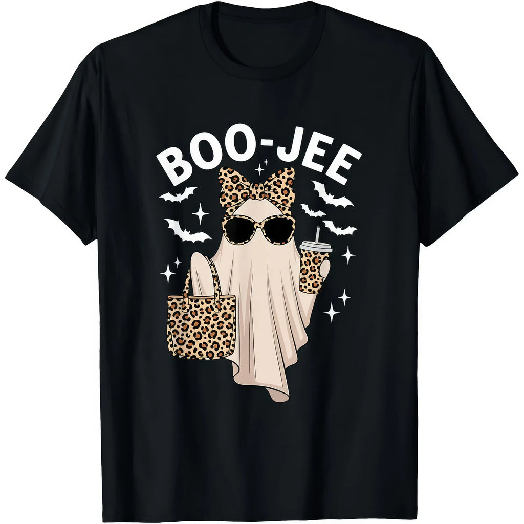 Boo-Jee Ghost Unisex Cotton T-Shirt, Leopard Tee,Coffee product image 1