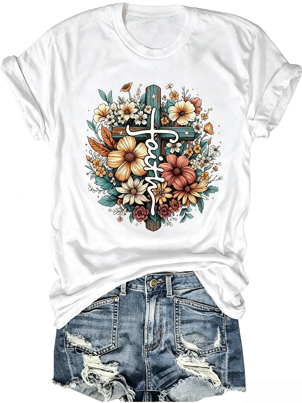 Faith T-Shirt Christian Cross Floral Tee For Women product image 1