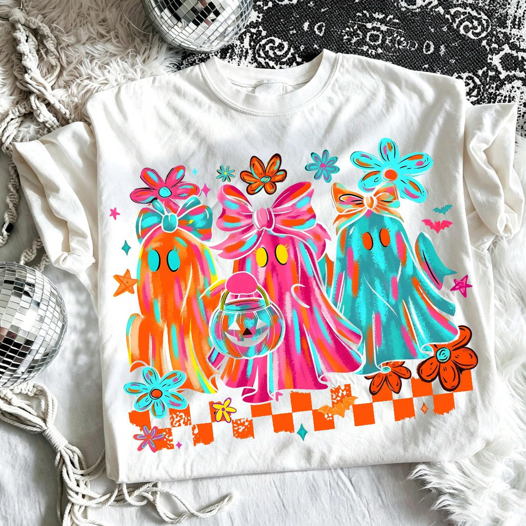 Neon Ghost Bow Graphic Tee Checkerboard Halloween Pumpkin product image 2