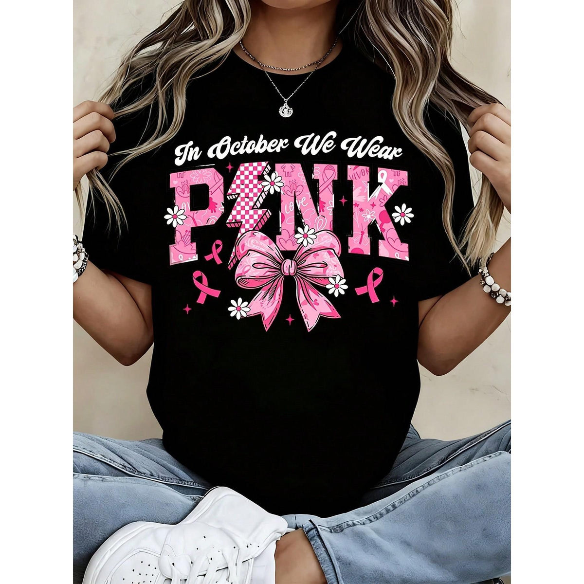 Women Breast Cancer Awareness In October We Wear Pink Bow product image 1