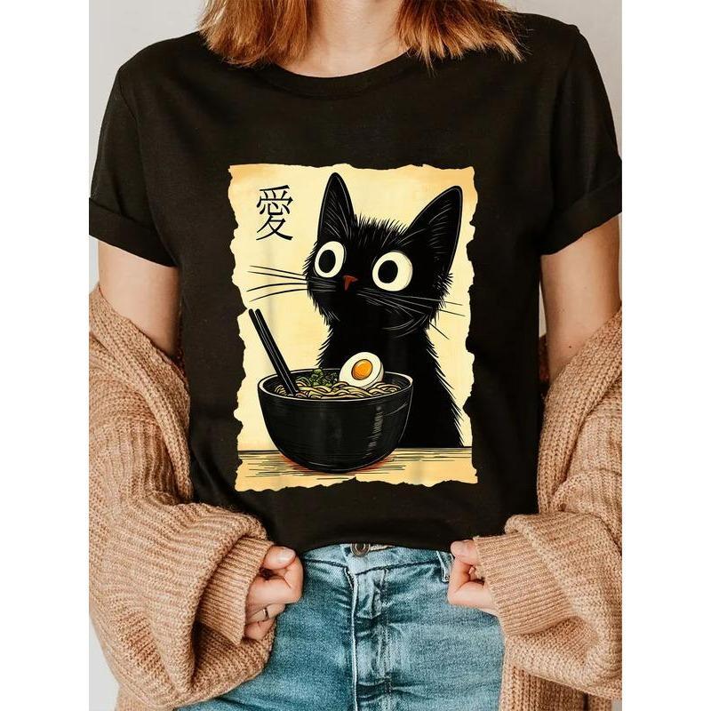 100% Cotton Funny Cat Ramen Graphic Tee Japanese Kawaii product image 1