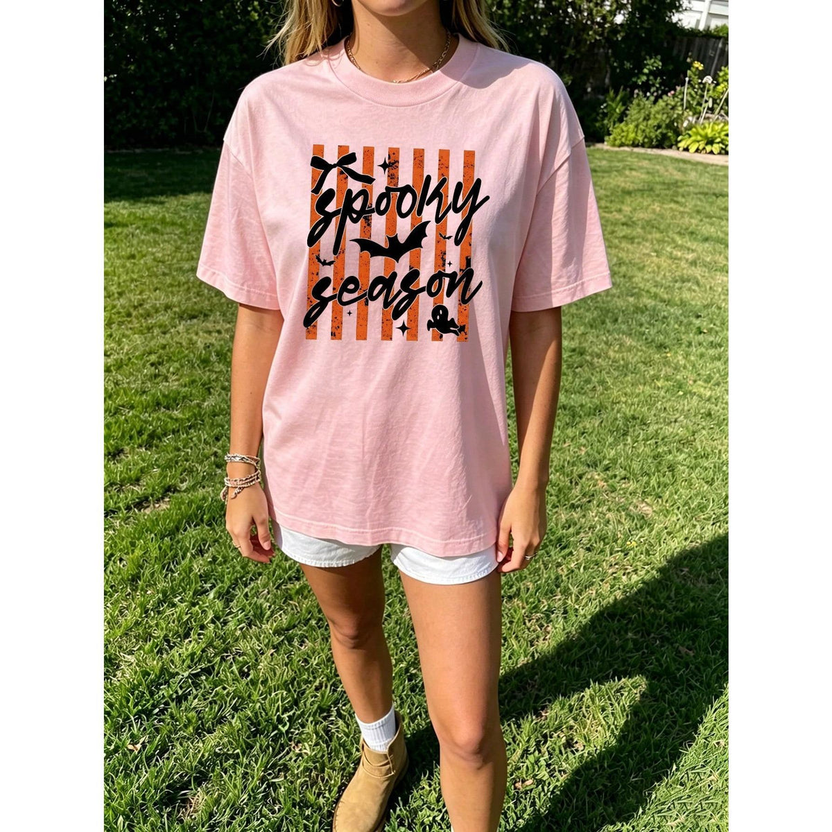 Spooky Season Halloween Graphic Tee Striped Bow Bat Print product image 4