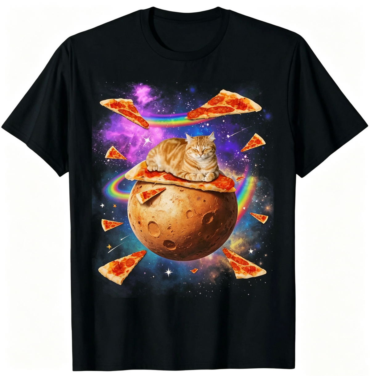 100% Cotton Funny Galaxy Cat In Space Riding Pizza T-Shirt product image 1