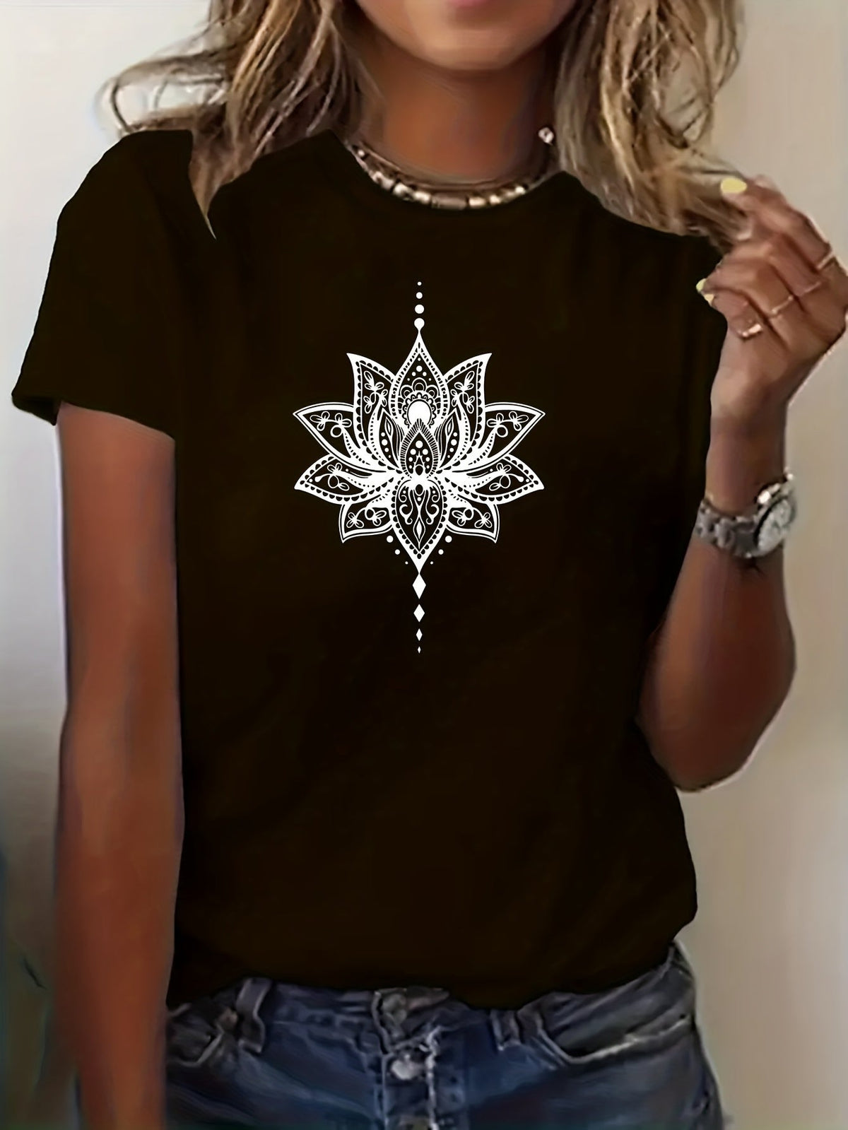 Lotus Petals Graphic Print T-Shirt, Short Sleeve Crew Neck product image 2