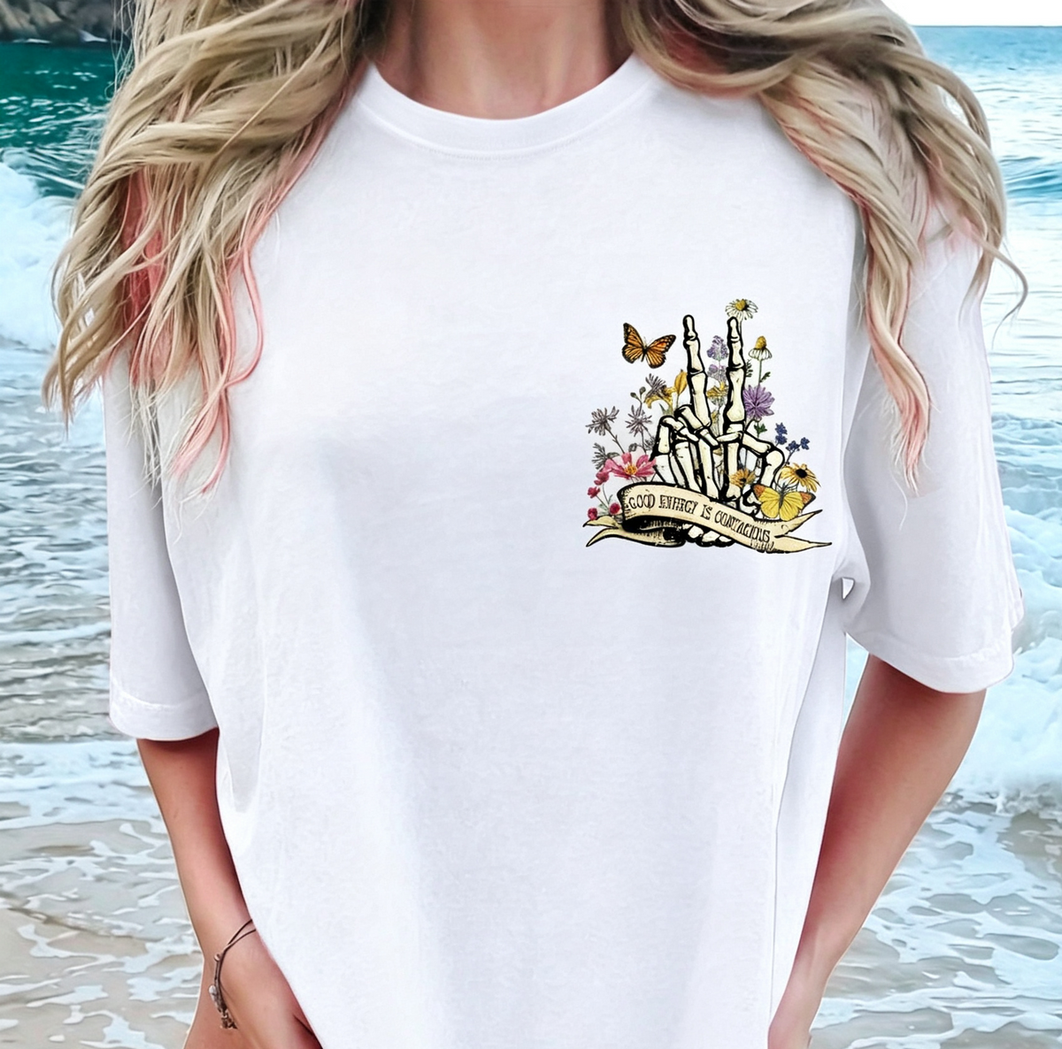 Women’s Floral Skeleton & Butterfly Graphic Print T-Shirt product image 2