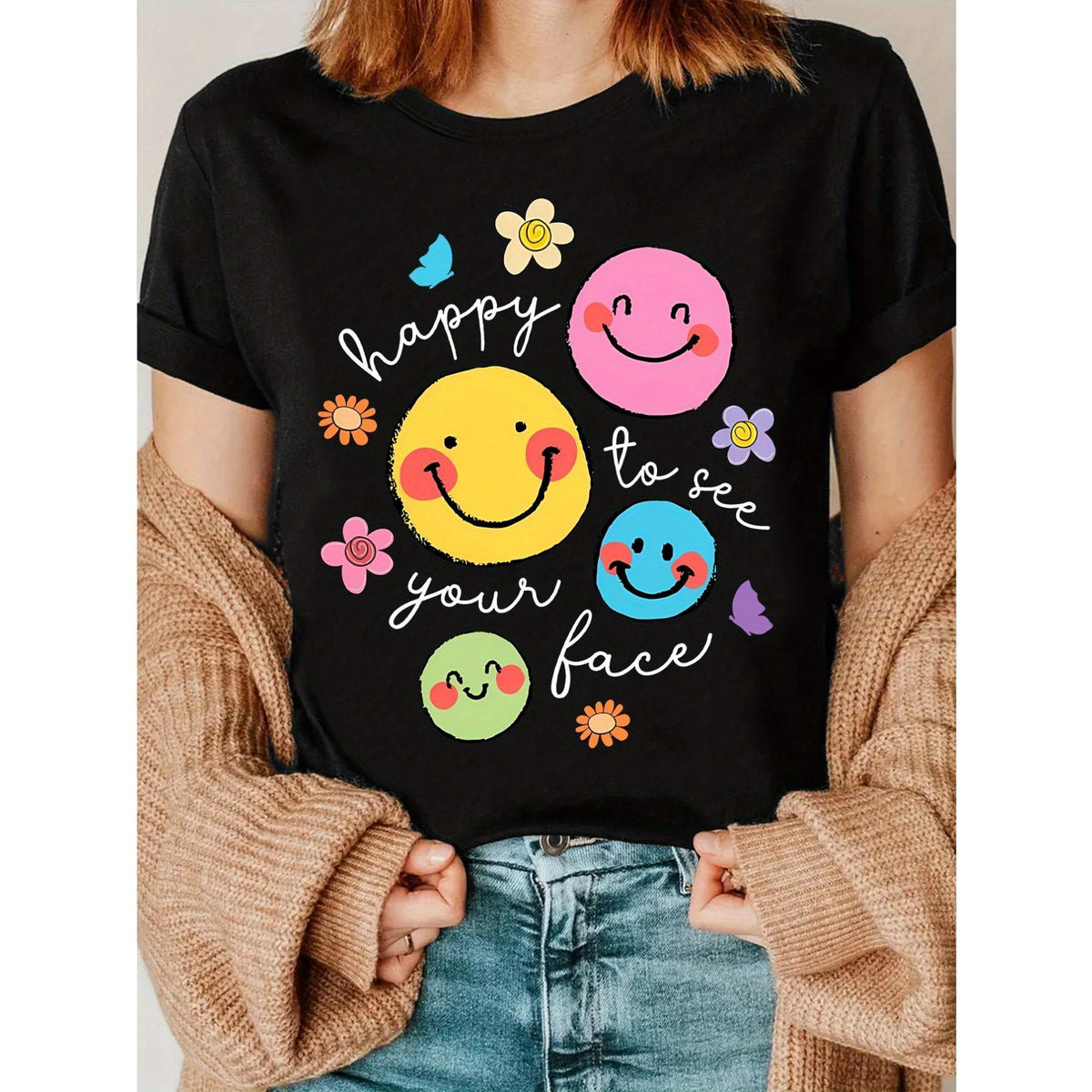 Funny Cartoon Joyful Face Printed T-Shirt, Back to Teacher product image 3