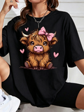 Cute Highland Cow T-Shirt Pink Bow Heart Graphic Tee Farm product image 1