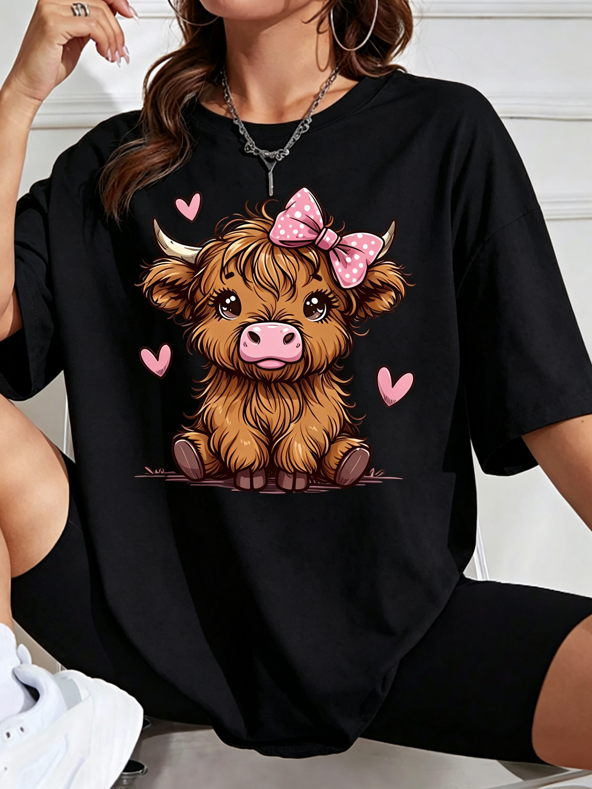 Cute Highland Cow T-Shirt Pink Bow Heart Graphic Tee Farm product image 1