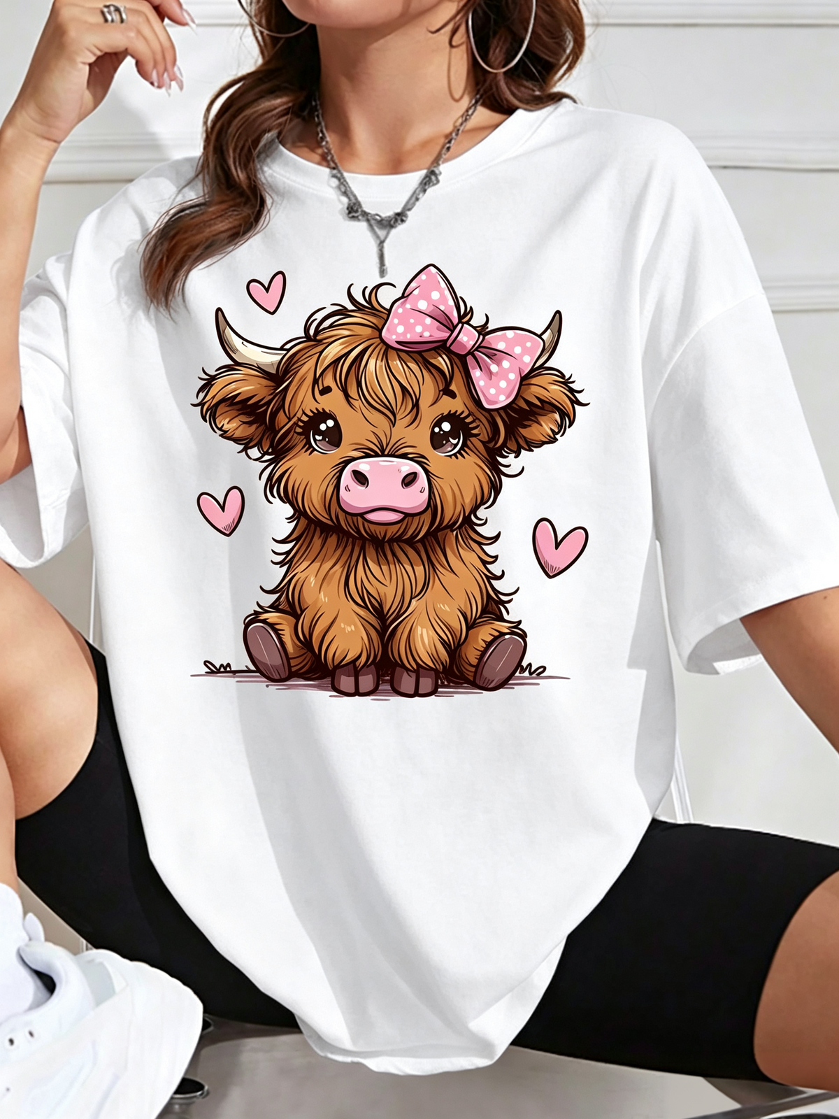 Cute Highland Cow T-Shirt Pink Bow Heart Graphic Tee Farm product image 10