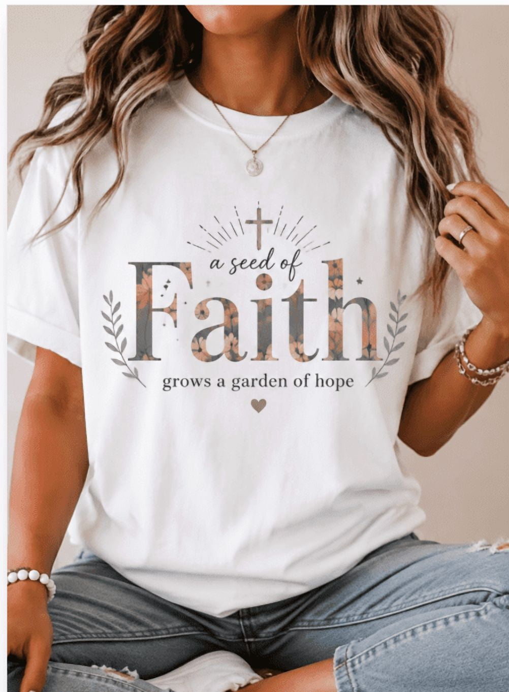 Christian Women’s Faith T-Shirt – Floral Letter Graphic Tee product image 1