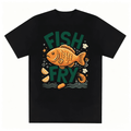 Crew Neck Cotton Short Sleeve T-Shirt, Retro Fish Fry Fried Fish Shrimp Lemon Chef Hat Wave Star Seafood Lover Graphic Relaxed Fit Daily Casual Tee