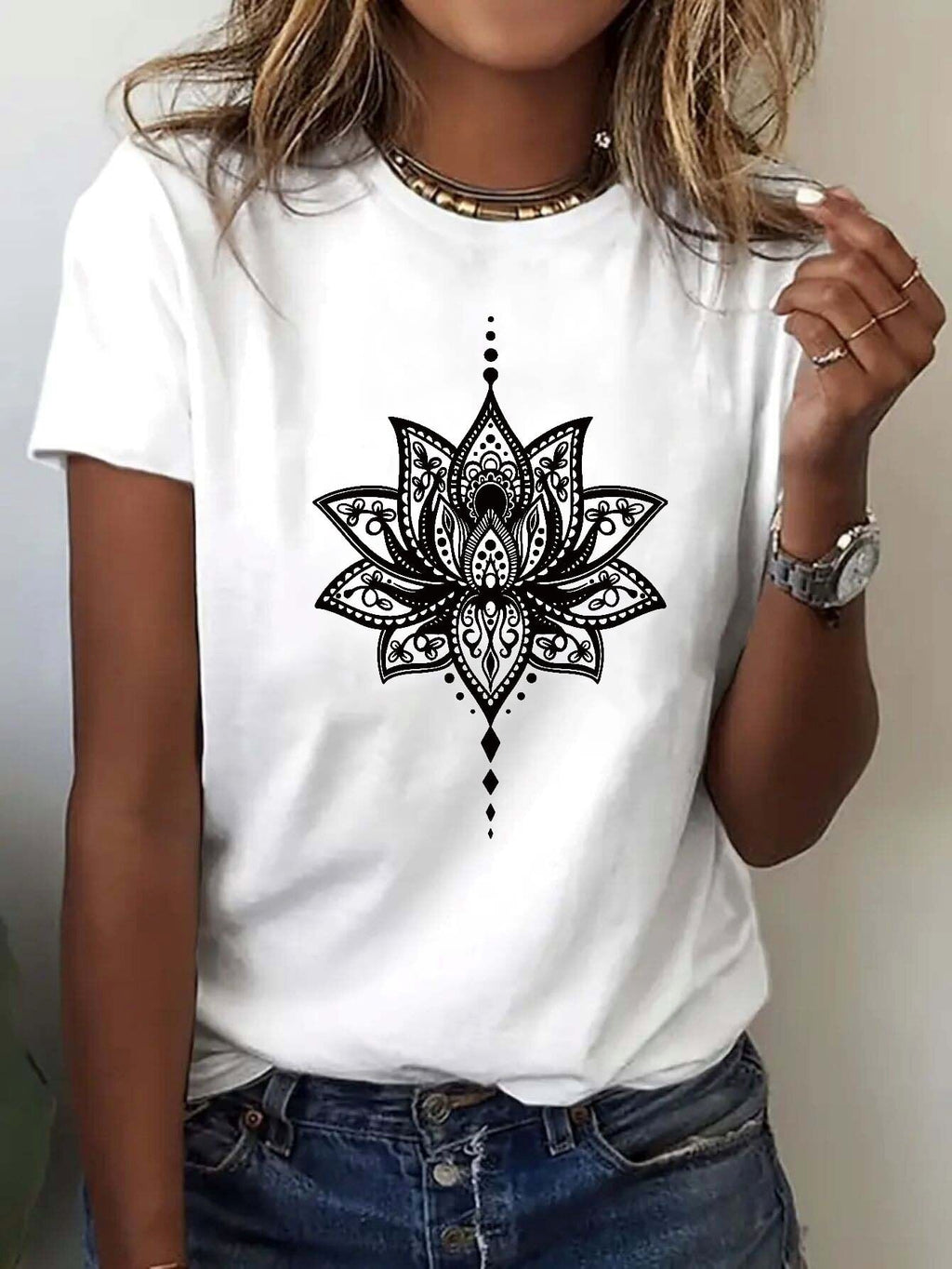 Lotus Petals Graphic Print T-Shirt, Short Sleeve Crew Neck product image 1
