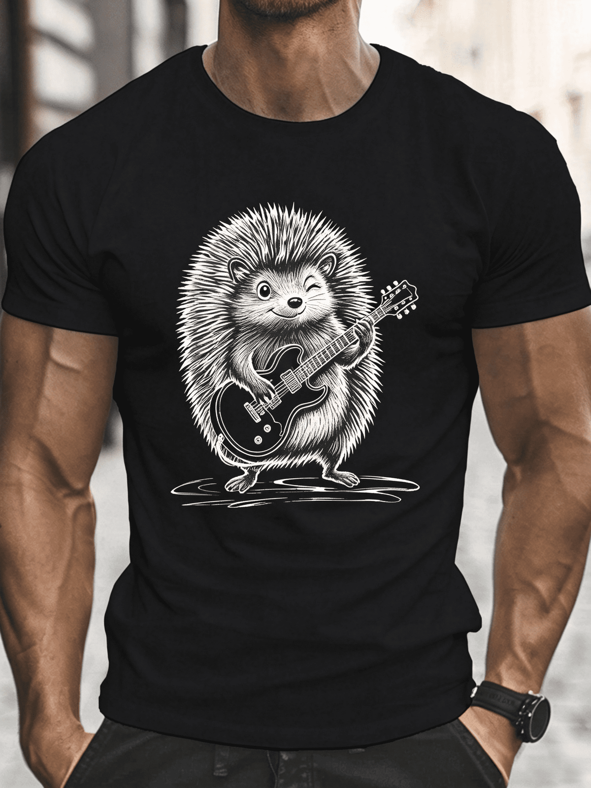 Men'S Casual Hedgehog Guitar Print TShirt Crew Neck Short product image 1