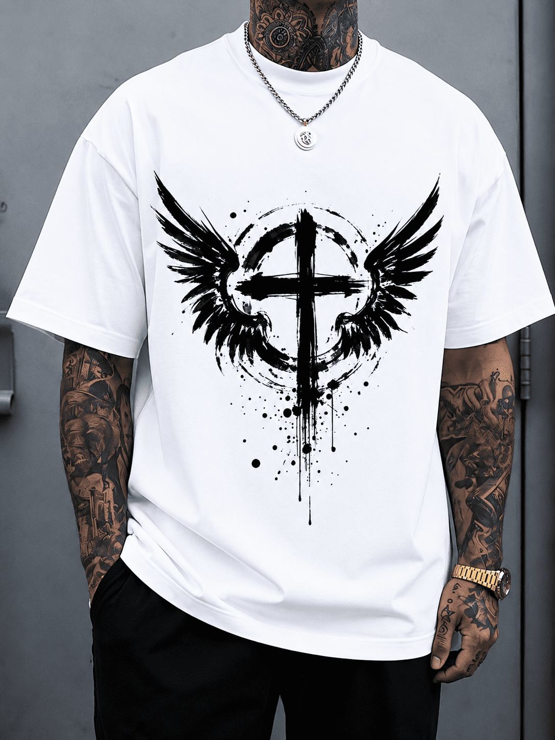 Men’s Soft Oversized Black T-Shirt, Grunge Paint Drip Cross product image 1