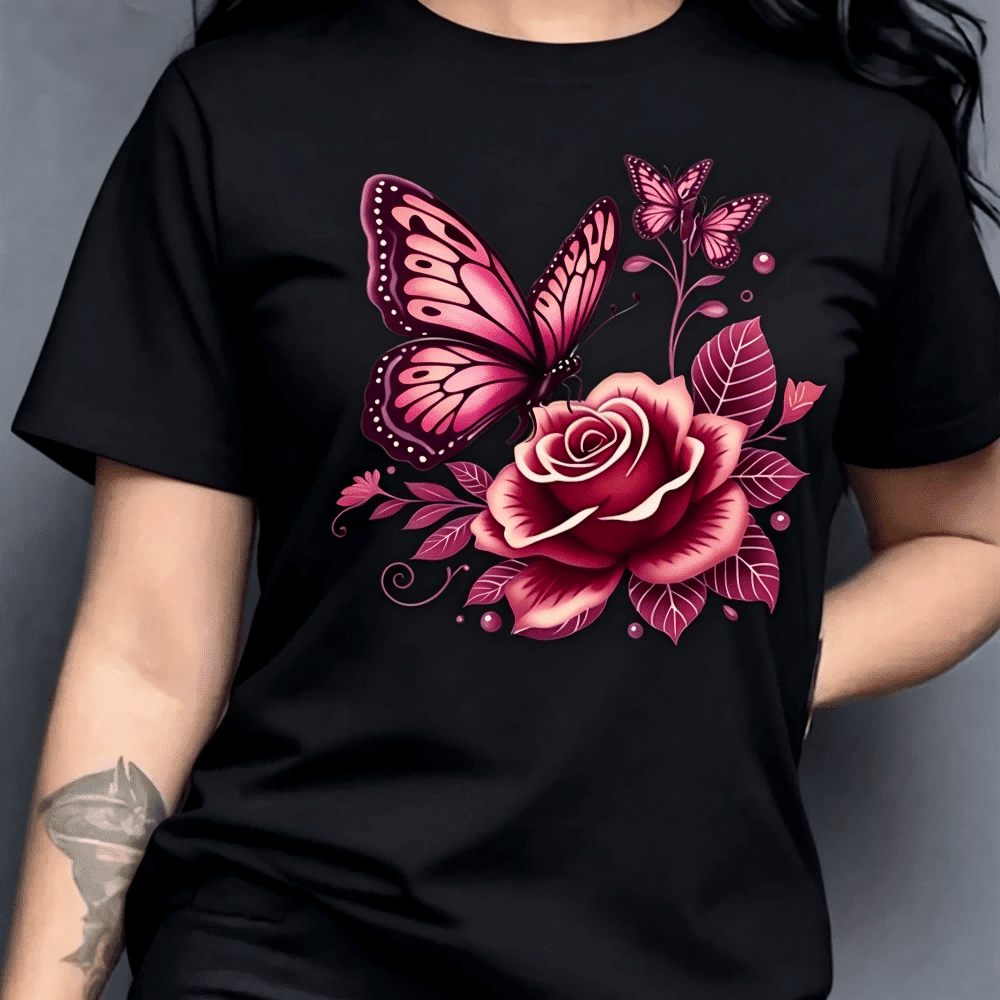 Short Sleeve TShirt Pink Butterfly Rose Floral Print Unisex product image 1