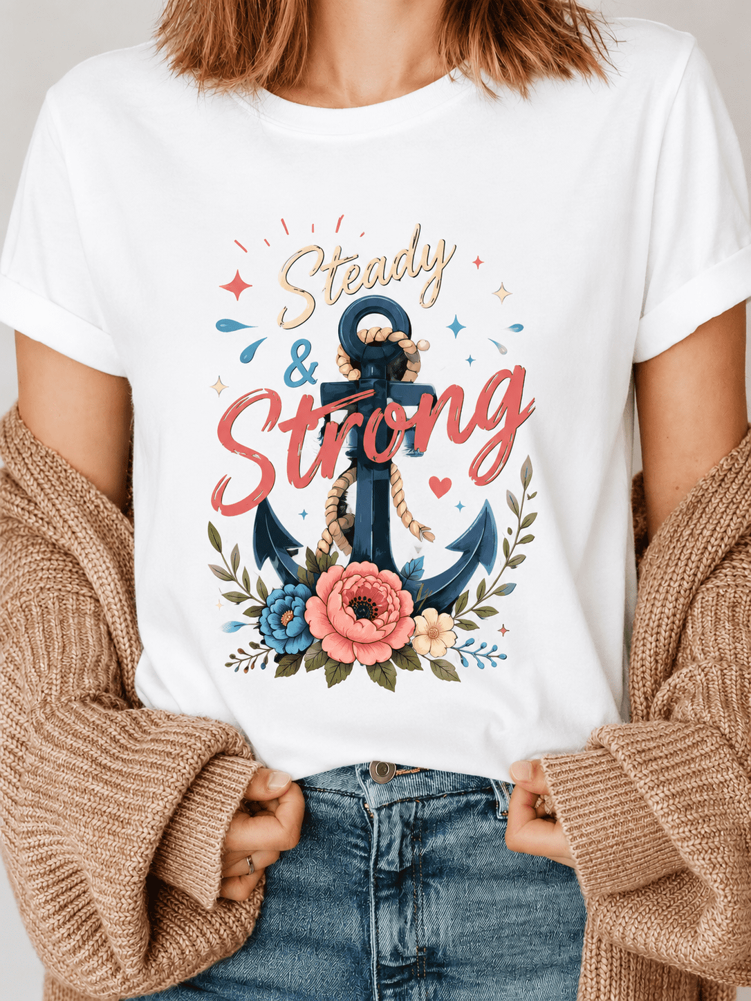 Steady & Strong Floral Anchor Graphic T-Shirt Women product image 1