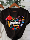 Teacher Print T-shirt, Short Sleeve Crew Neck Casual Top product image 1