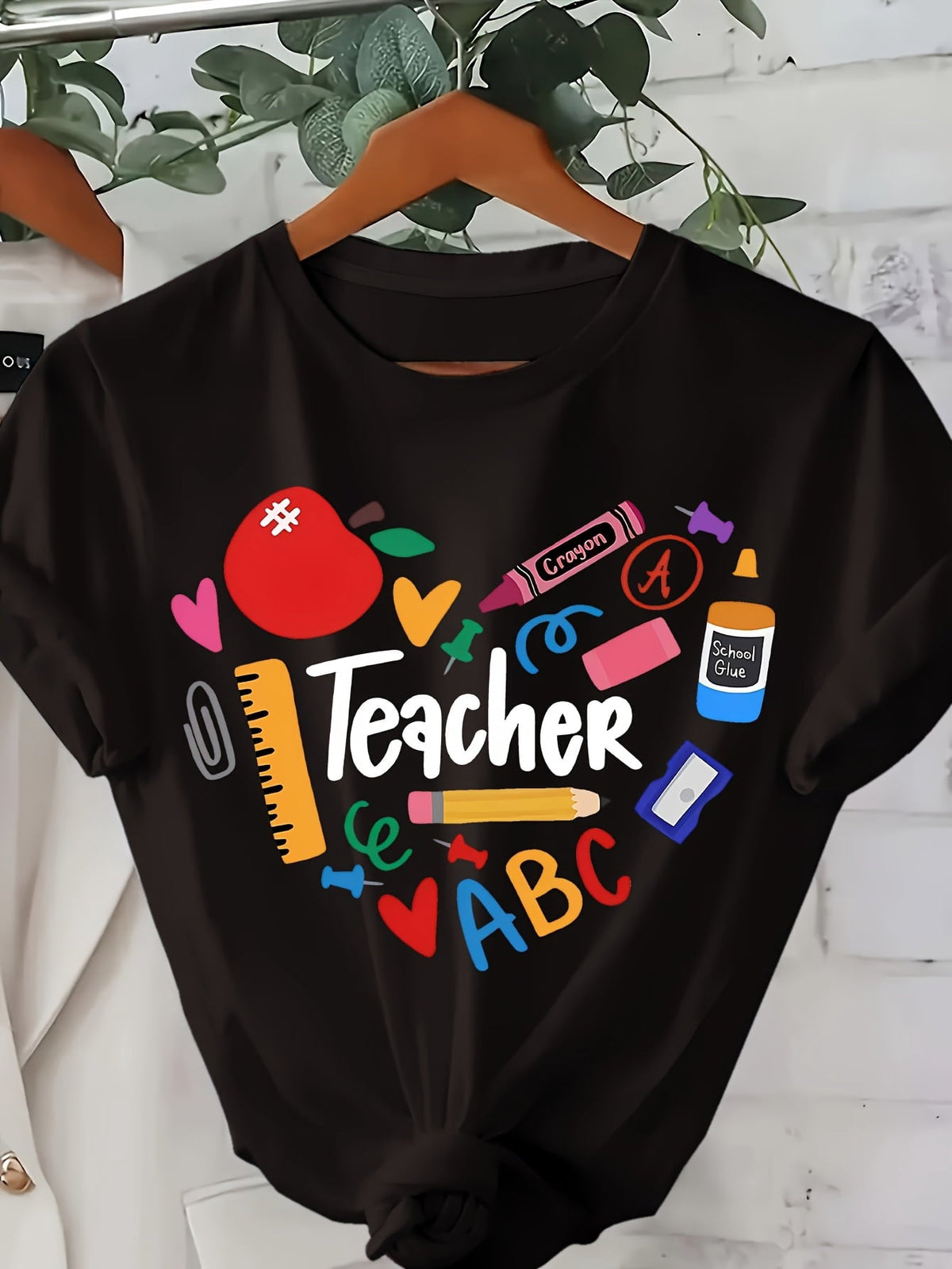 Teacher Print T-shirt, Short Sleeve Crew Neck Casual Top product image 1