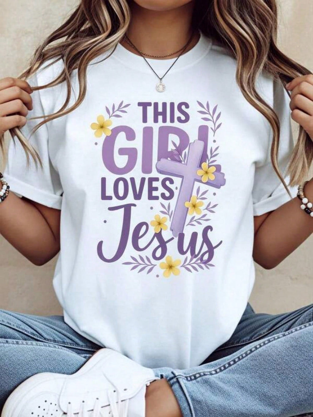 This Girl Loves Jesus Christian Cross Flower Design Women's product image 1