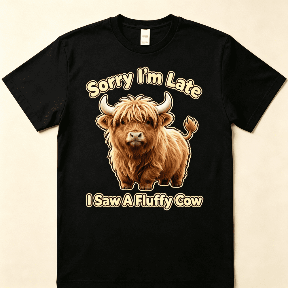 Unisex Funny Highland Cow Graphic T-Shirt, Sorry I'm Late I product image 1