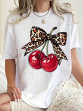 Women Round Neck T Shirt Cherry Leopard Bow Print Casual product image 1