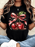 Women Round Neck T Shirt Cherry With Red Ribbon Print Short product image 1