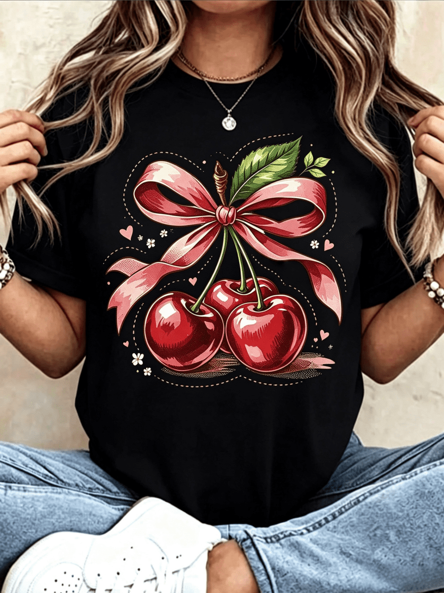 Women Round Neck T Shirt Cherry With Red Ribbon Print Short product image 1