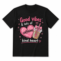 Women Soft Crew Neck Short Sleeve Cotton T-Shirt, Good Vibes & Lots Of Caffeine Kind Heart Cute Pink Heart Bow Iced Coffee Cup Positive Graphic Relaxed Fit Daily Coffee Lover Tee
