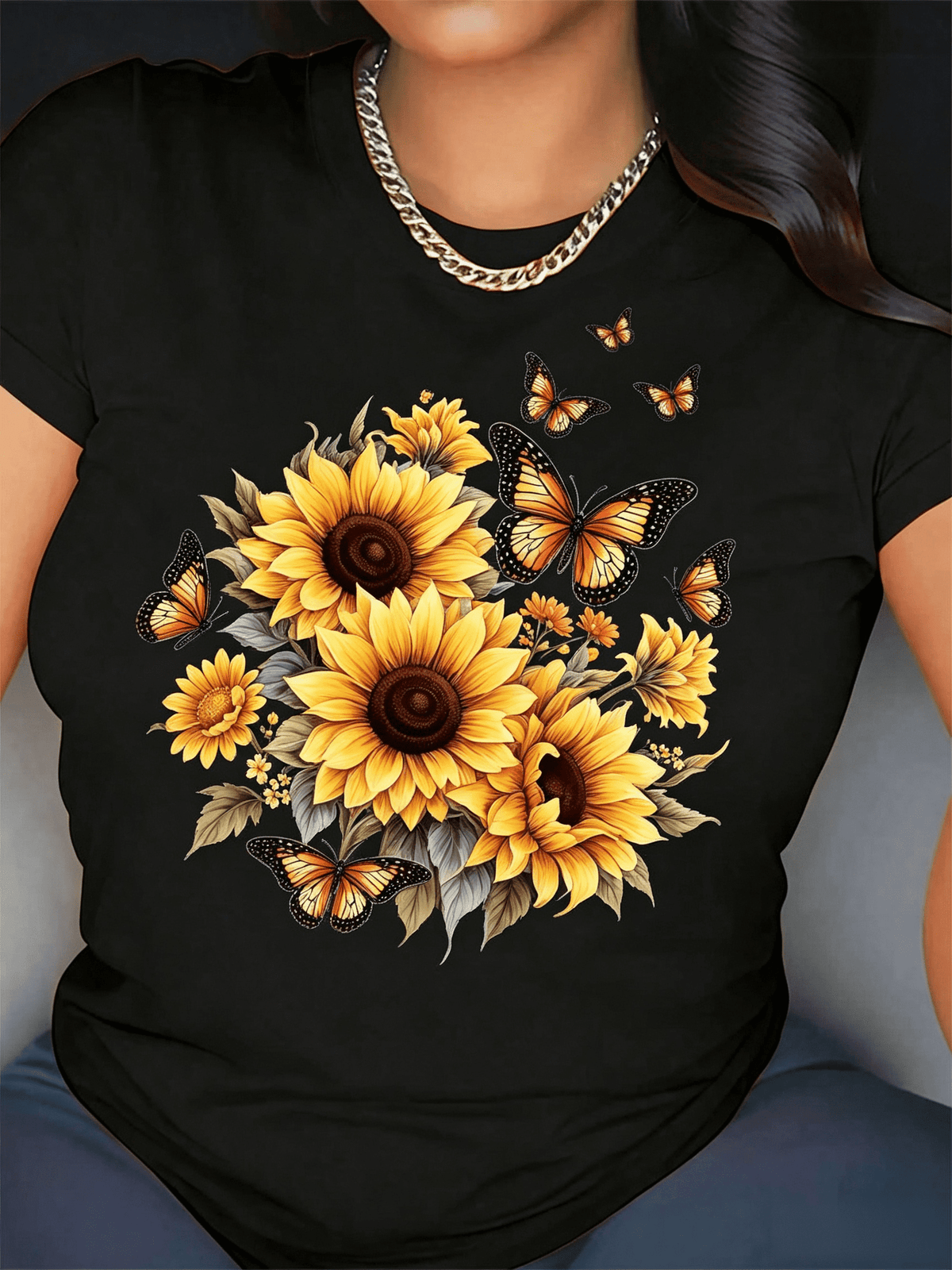 Women's Black Sunflower Butterfly Print T-Shirt - Vibrant product image 1