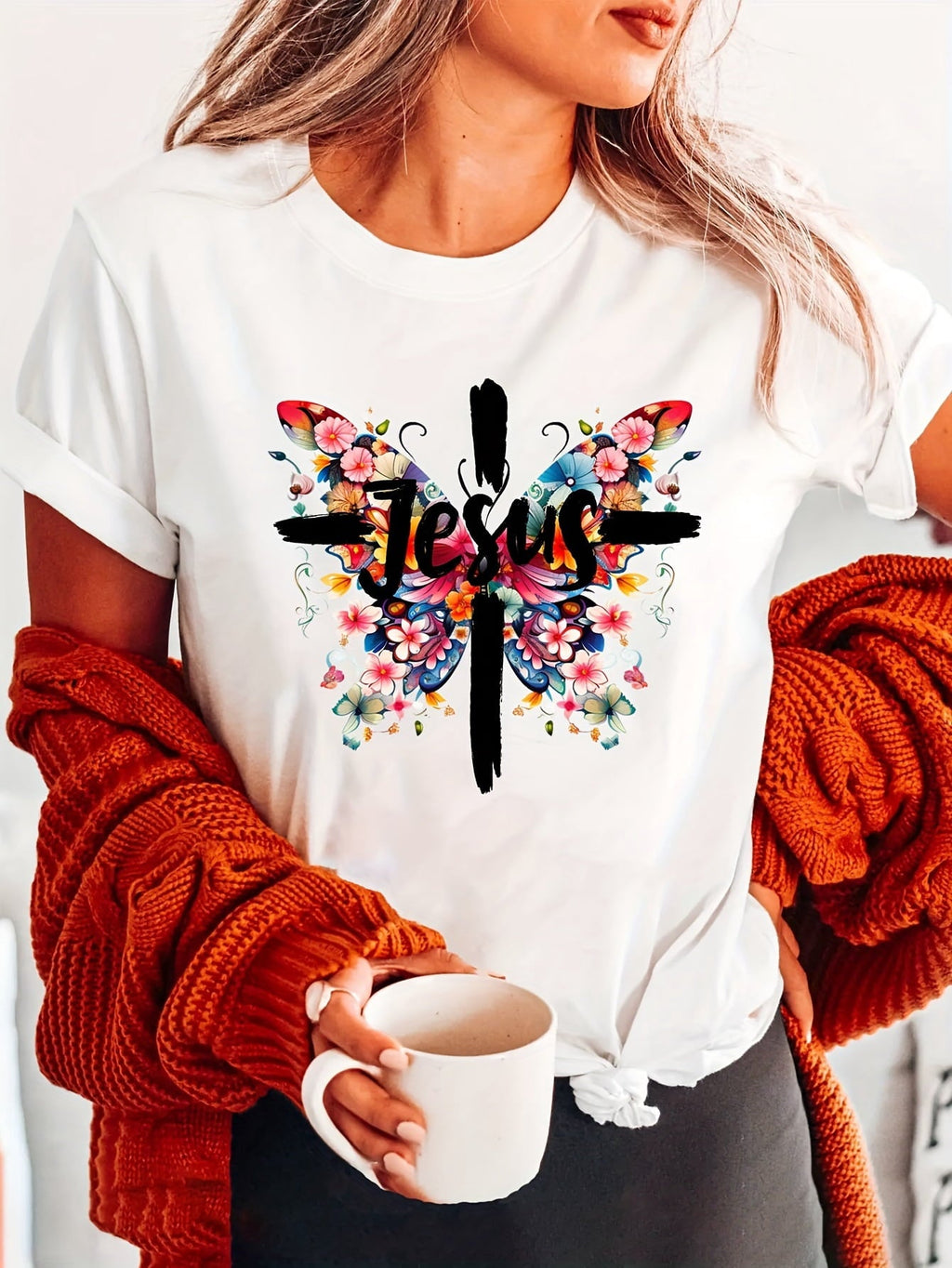 Women's Butterfly Floral Print T-Shirt, Short Sleeve Crew product image 1
