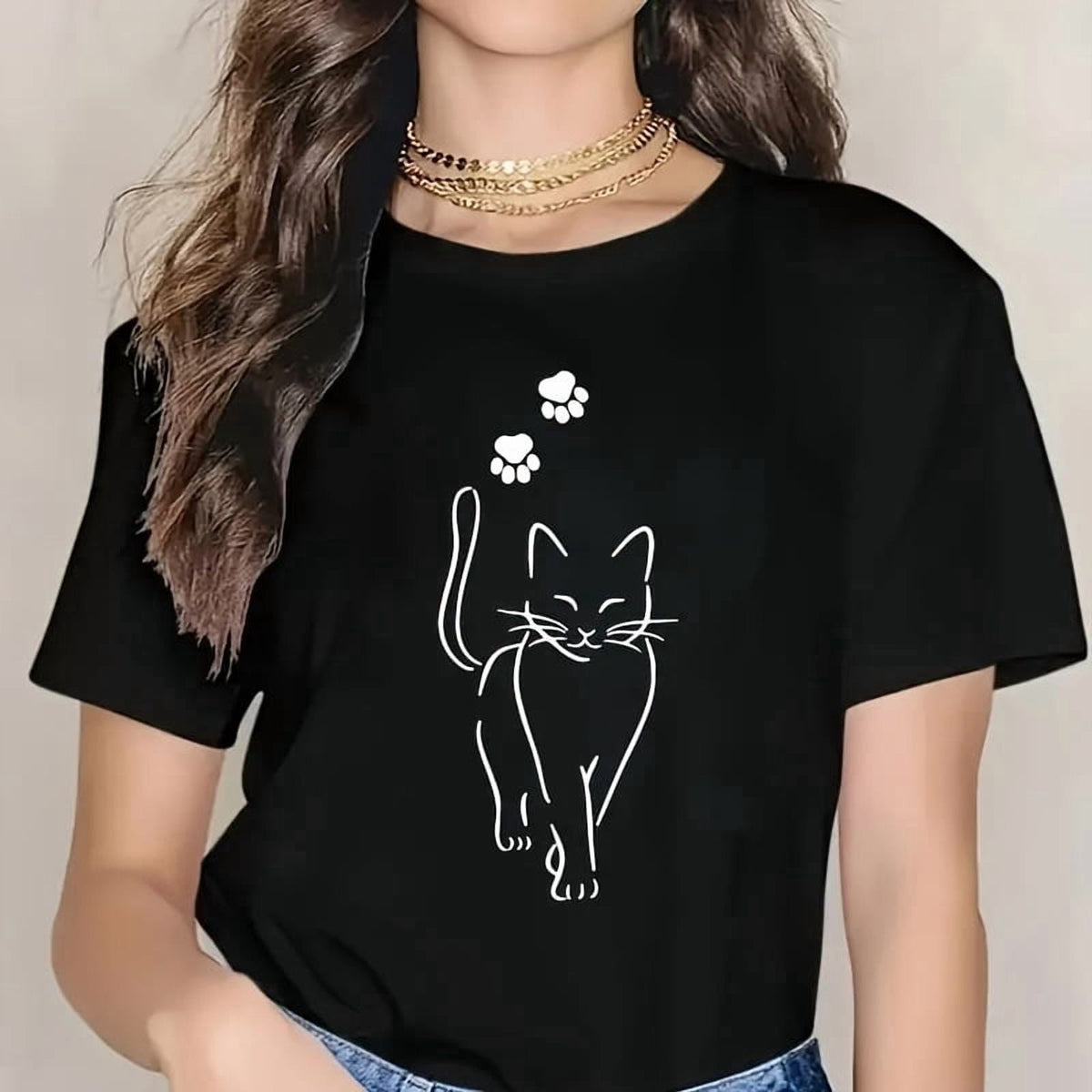Women's Cute Cat Graphic T Shirt, Minimalist Paw Print product image 1