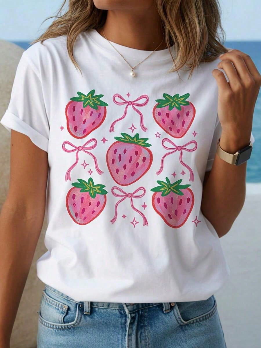Women's Cute Strawberry Print T-Shirt - Red Strawberries product image 1