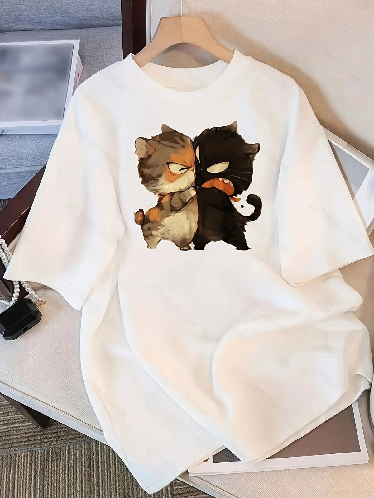 Cartoon Kitten Printed Short-Sleeved T-shirt Women's Round product image 2