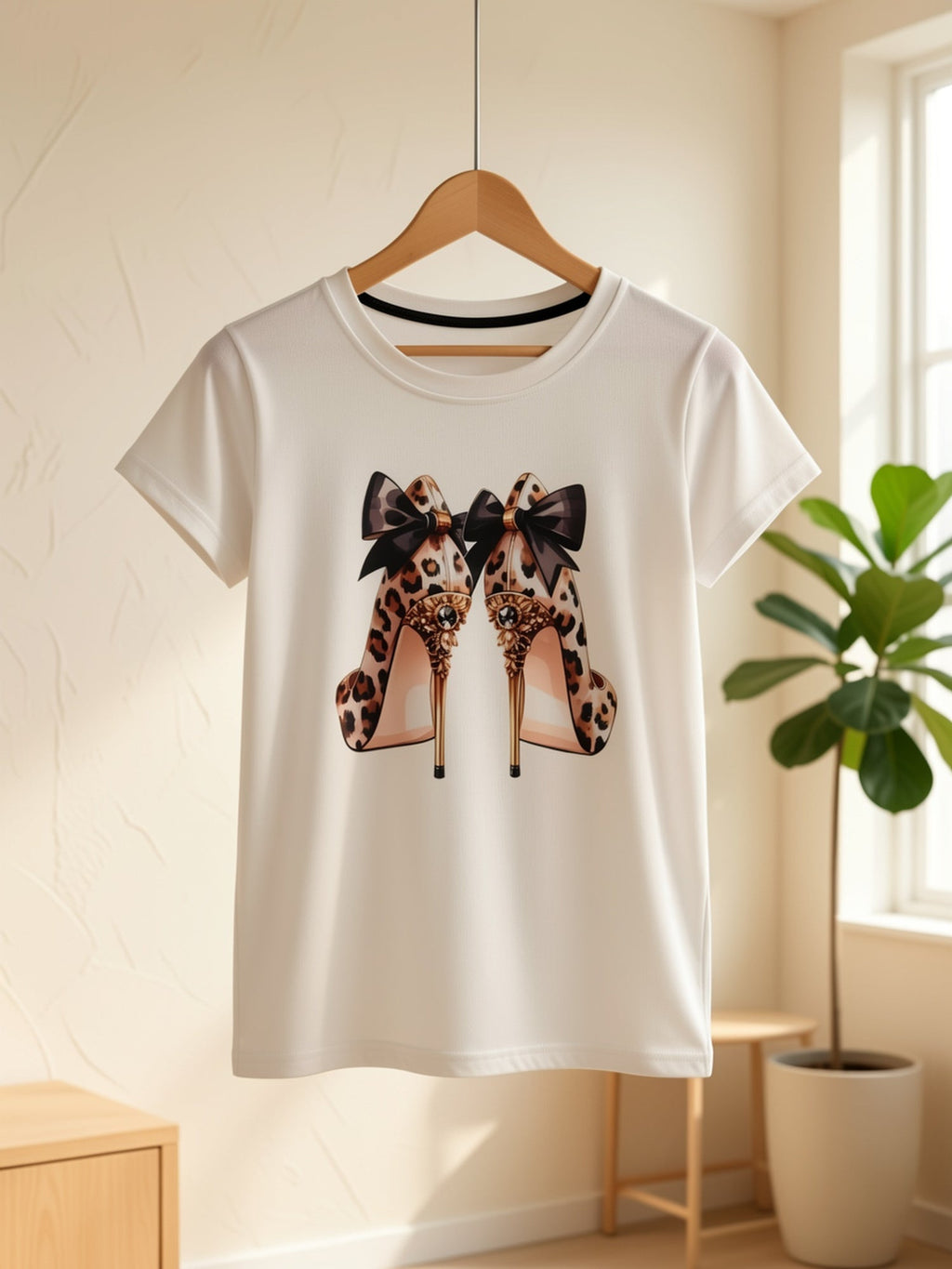 Women'S Leopard Print Bow High Heel Pattern Casual T-Shirt product image 2