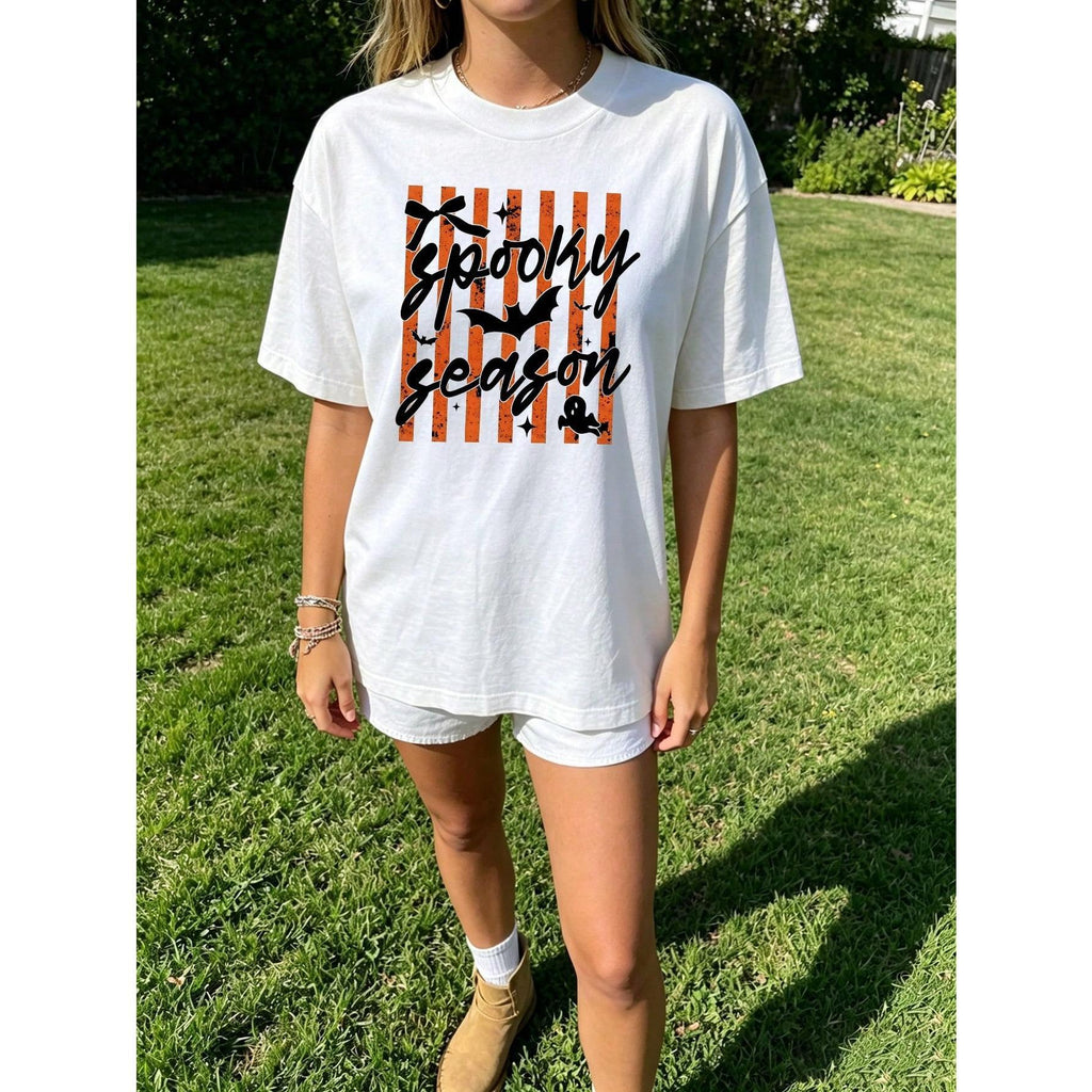 Spooky Season Halloween Graphic Tee Striped Bow Bat Print product image 3