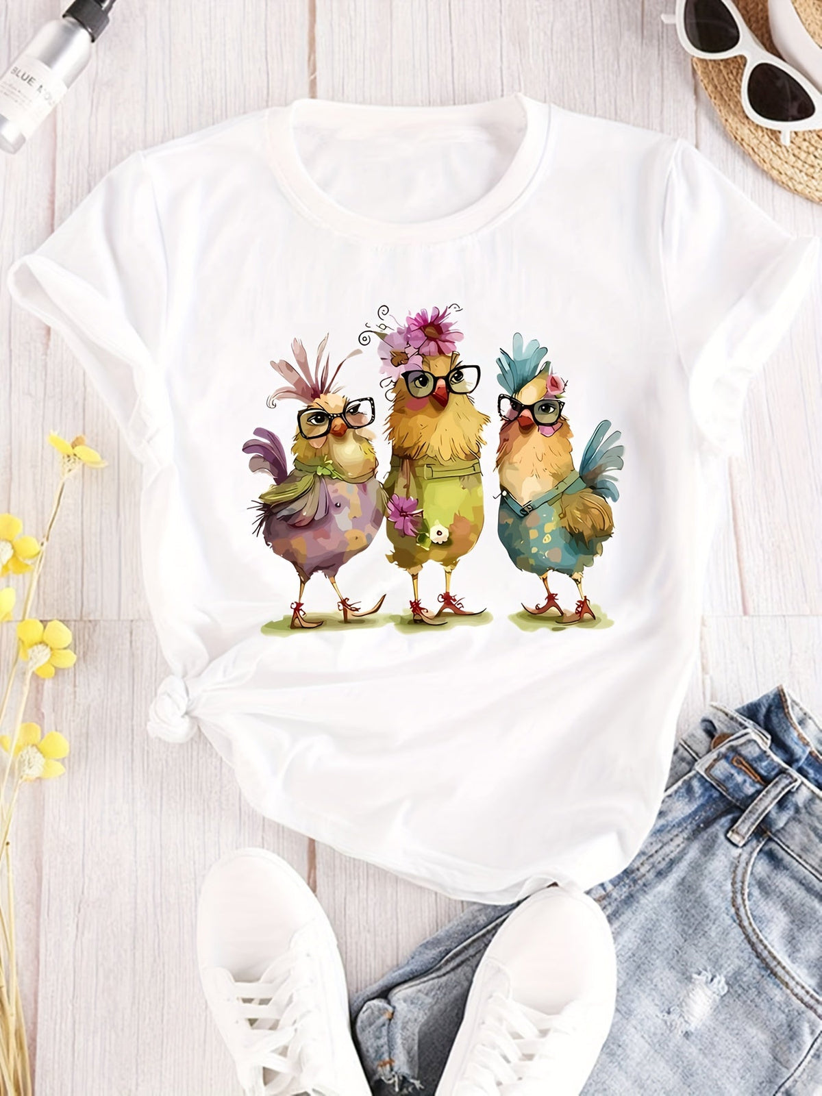 Funny Chicken T-Shirt Women Cute Hens With Glasses And product image 1