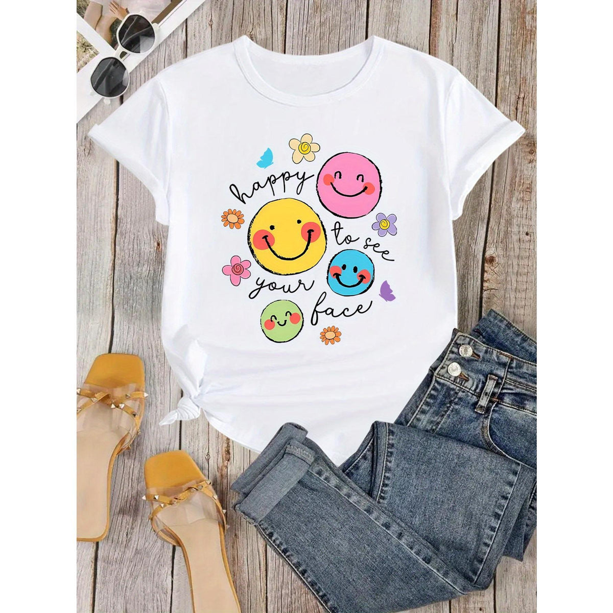 Funny Cartoon Joyful Face Printed T-Shirt, Back to Teacher product image 2