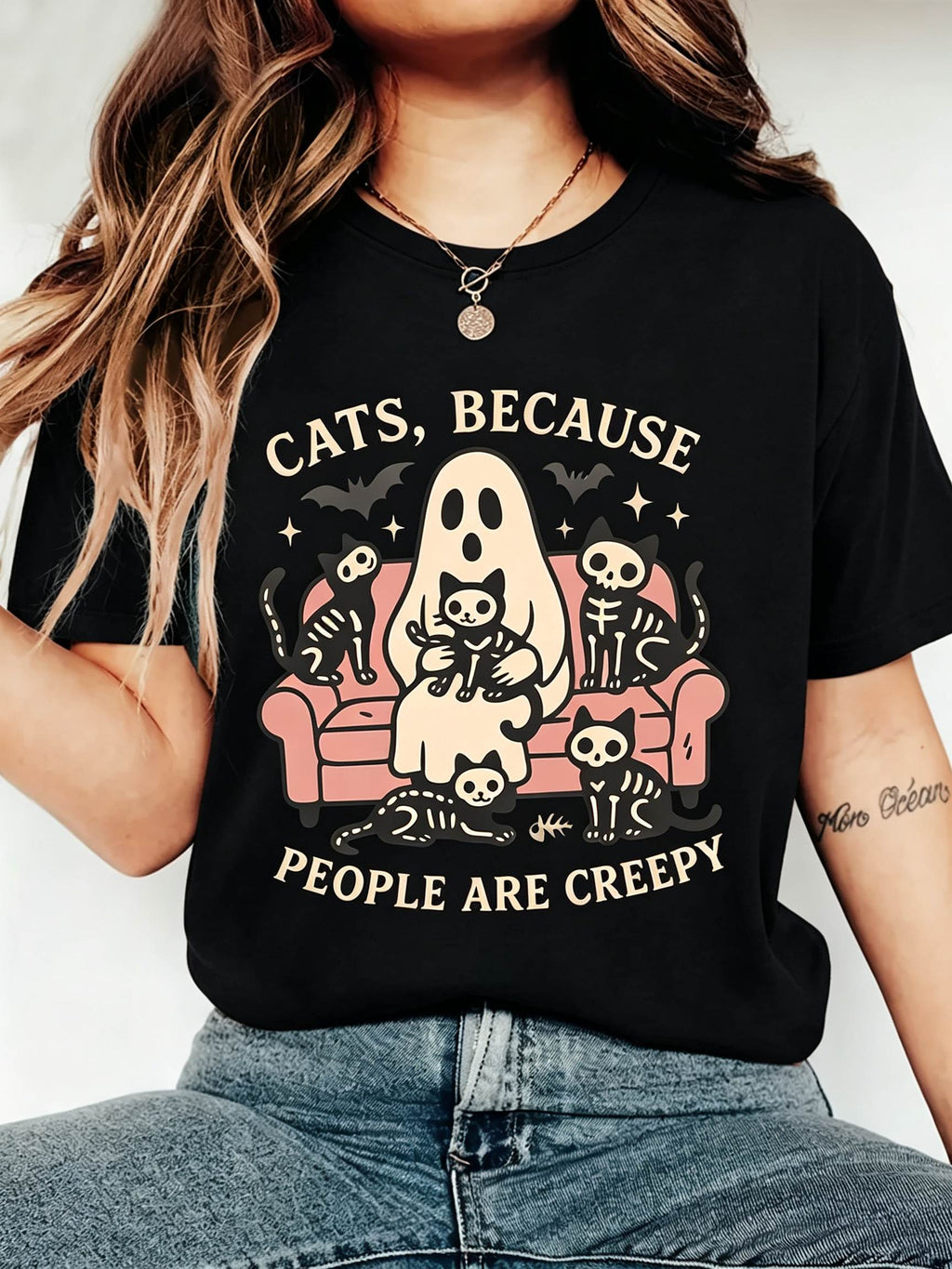 Cats Because People Are Creepy T-Shirt Ghost Skeleton Cat product image 10
