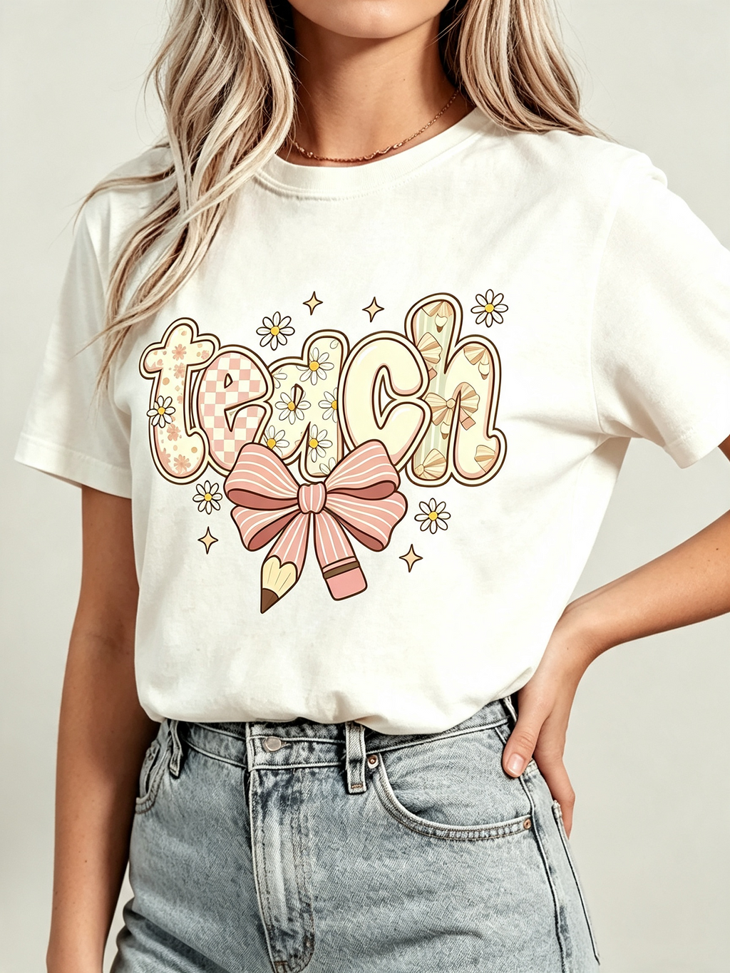 Retro Teach Graphic T‑Shirts for Women, Cute Bow Pencil product image 2