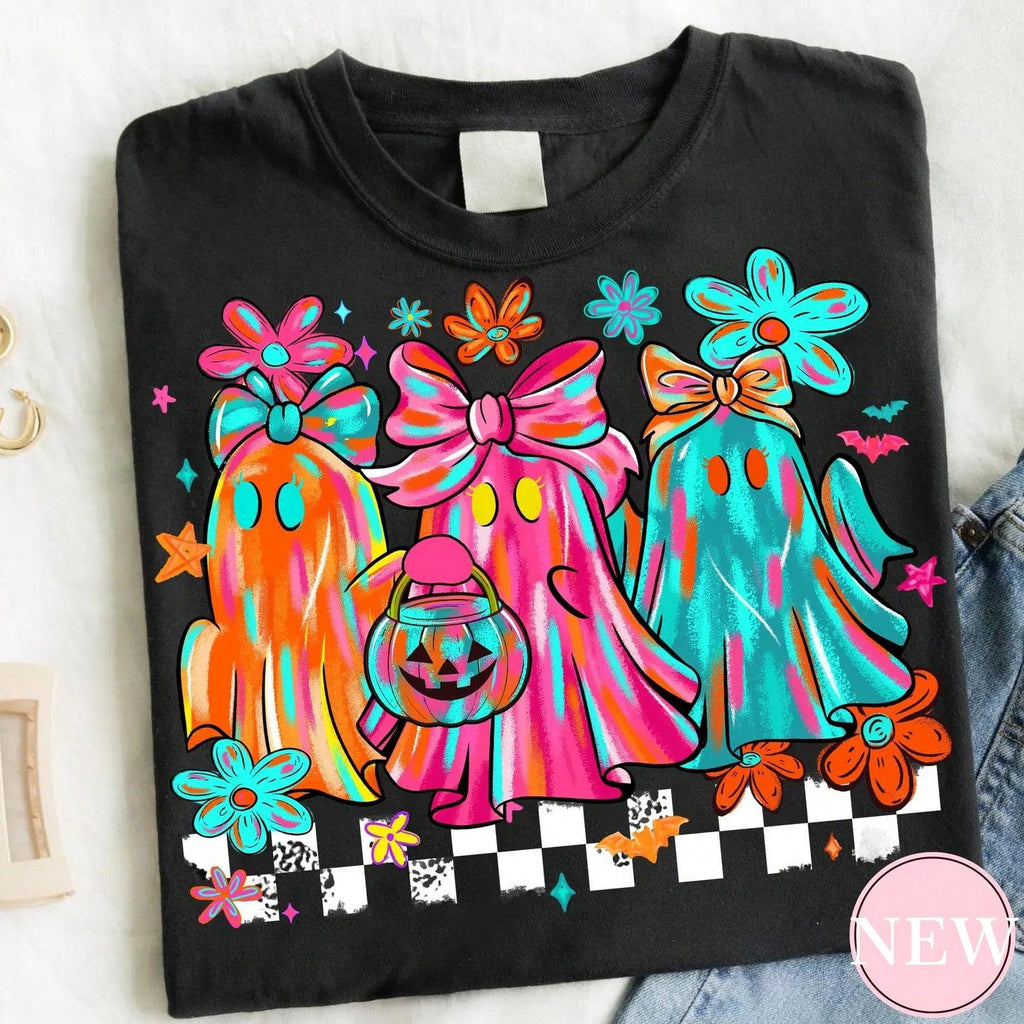 Bright Neon Ghost Bow Graphic Tee Checkerboard Halloween product image 1