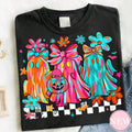 Bright Neon Ghost Bow Graphic Tee Checkerboard Halloween product image 1