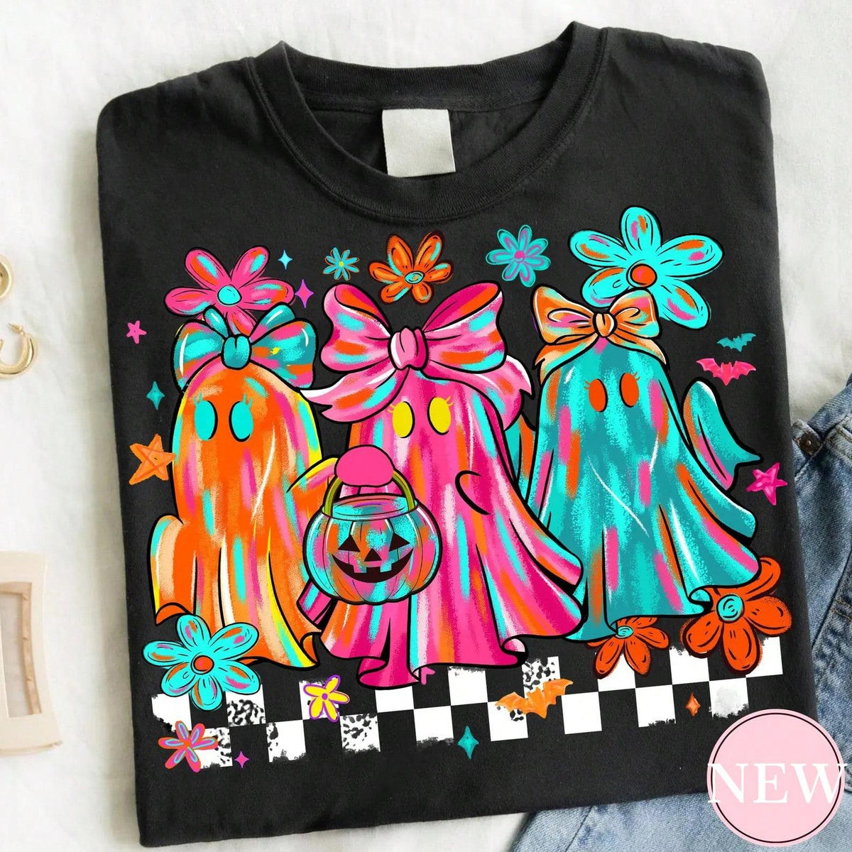 Bright Neon Ghost Bow Graphic Tee Checkerboard Halloween product image 1