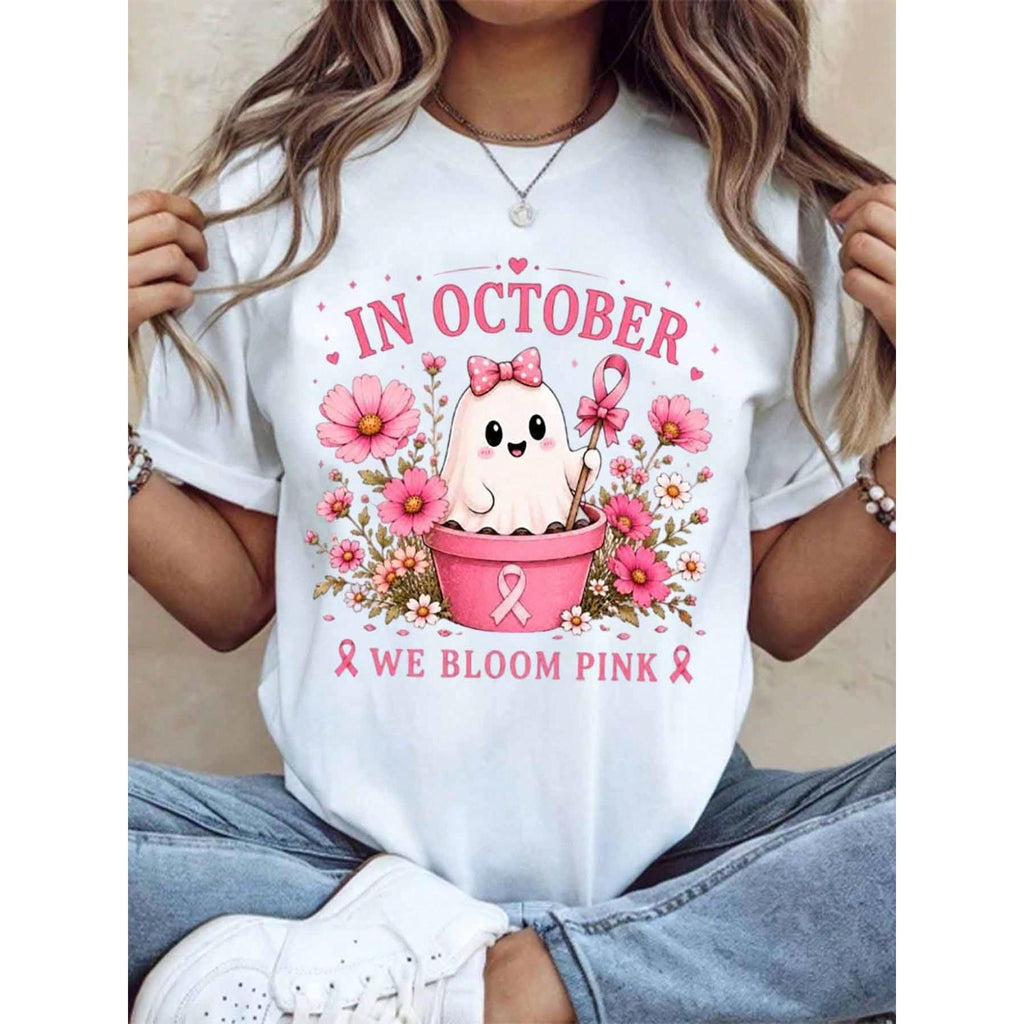 In October We Bloom Pink Breast Cancer Awareness Shirt Cute product image 2