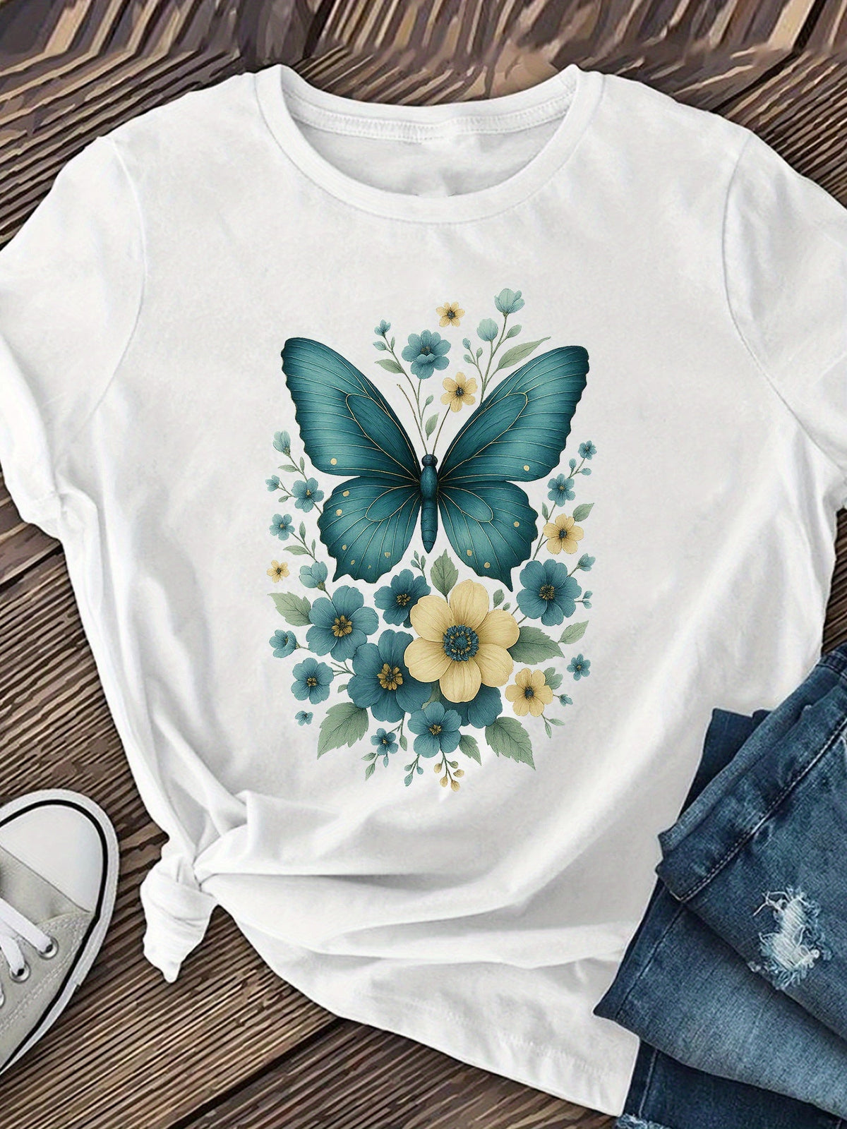 Butterfly Floral Print Graphic Tee for Women, Cute Nature product image 2