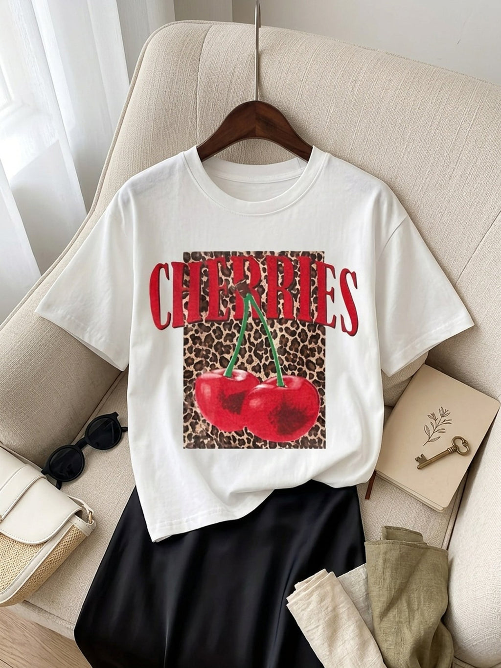 Summer New Cherry Print T-Shirt, Casual Regular Round Neck product image 1