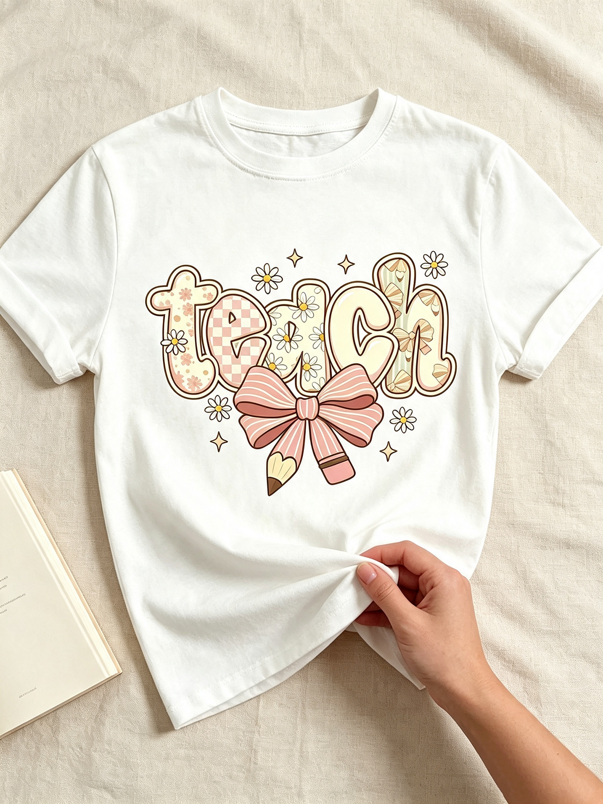 Retro Teach Graphic T‑Shirts for Women, Cute Bow Pencil product image 4