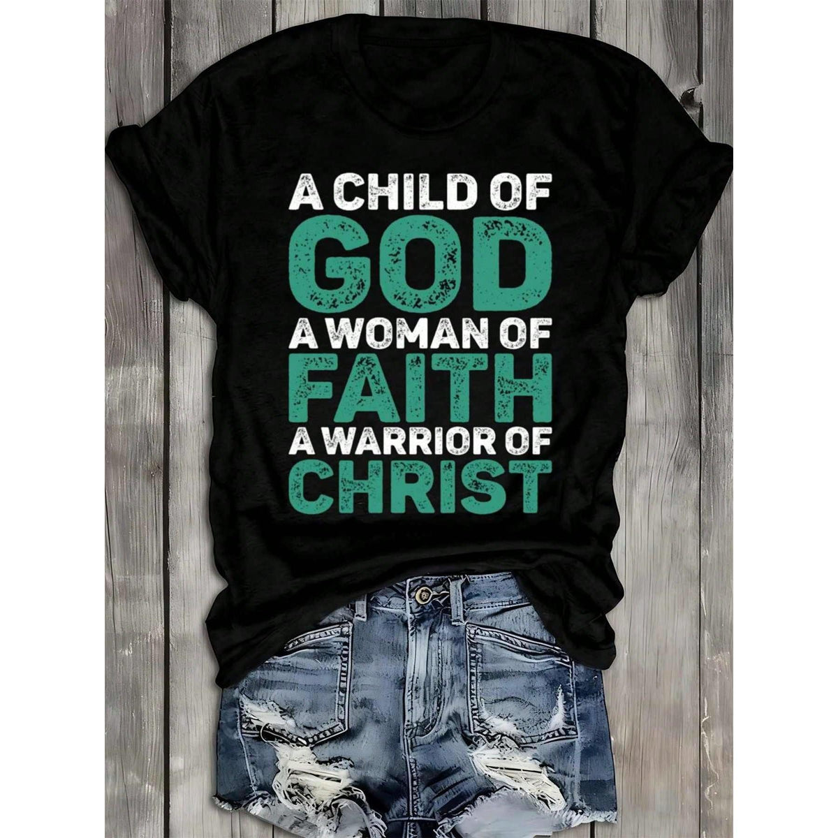 Women's Faith Warrior T-Shirt 100% Black Short Sleeve Round product image 7