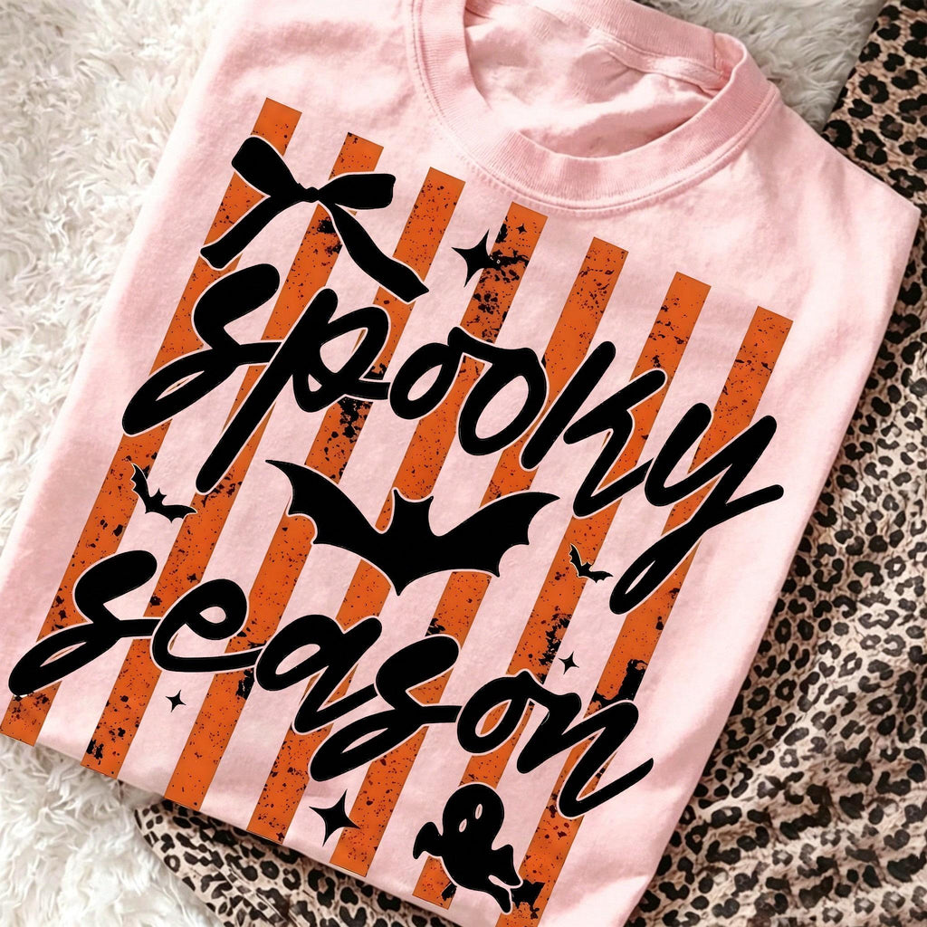 Spooky Season Halloween Graphic Tee Striped Bow Bat Print product image 2