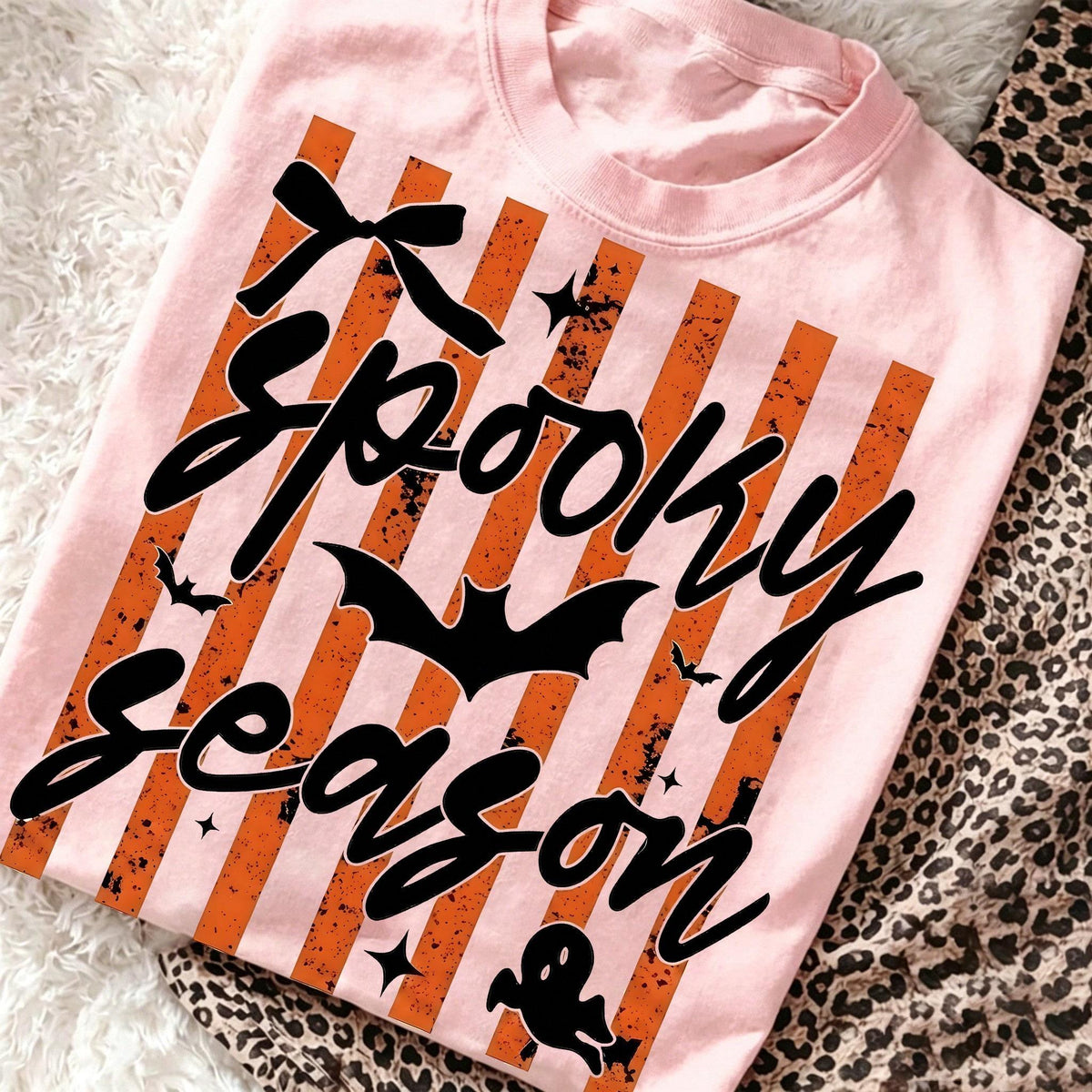 Spooky Season Halloween Graphic Tee Striped Bow Bat Print product image 2
